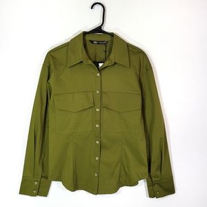 Zara green double pocket career office button up long sleeve shirt S